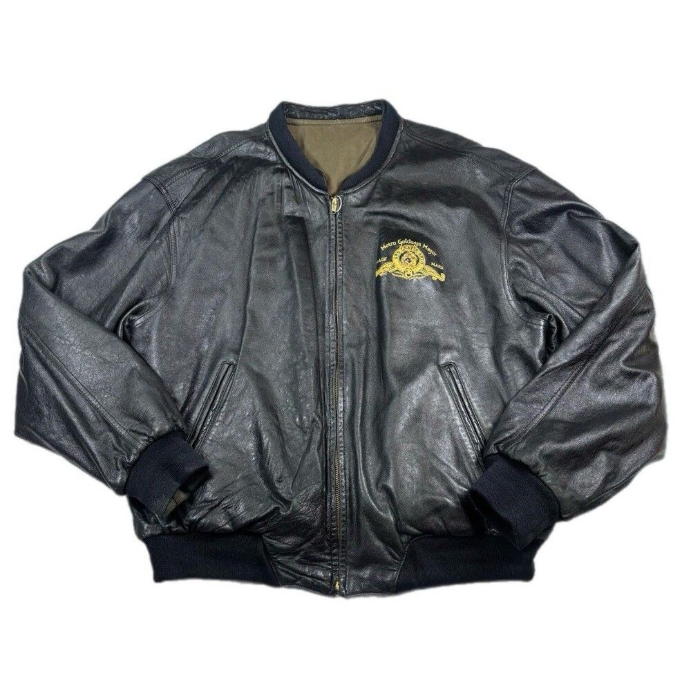 Reversible leather jacket embroidered Metro Goldwyn Mayer logo S XL Movie Prop